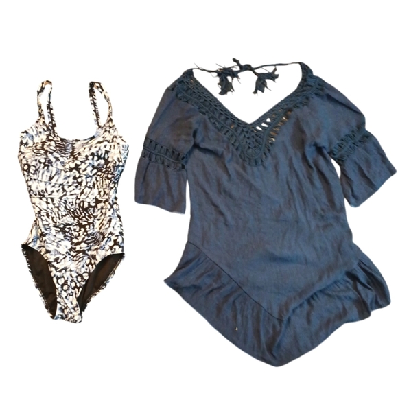 Calvin Klein Blue/White Lynx One-Piece Swimsuit and Blue Cover-Up - Picture 1 of 15
